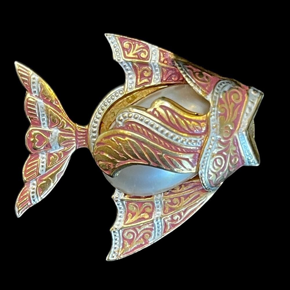 Vintage Spain Damascene Angelfish Brooch Faux Pearl Jelly Belly Figural Fish Pin